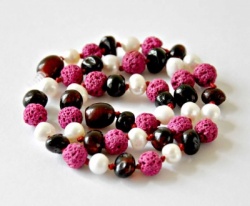 Dark Cherry Amber, Sea Pearl and Pink Lava Necklace
